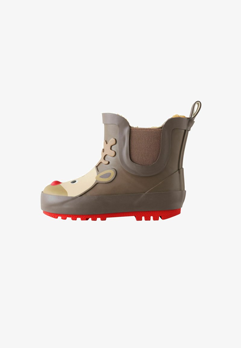 Stivale di gomma marrone per bambini con suola rossa e linguetta di tiraggio, con disegno a faccia di renna e pannello elastico laterale per una facile calzata.