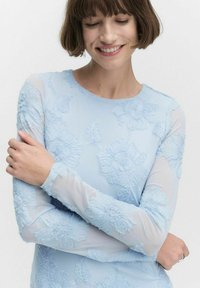 Robe bleu clair dotée d'une broderie florale texturée, de longues manches transparentes et d'un col arrondi. Tissu lisse, design élégant.
