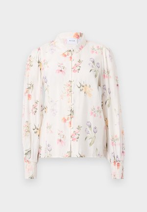 Kvetinová blúzka na gombíky z jemnej krémovej tkaniny. S dlhými balónovými rukávmi, golierom a kombináciou farebných kvetinových vzorov. Mäkká textúra.