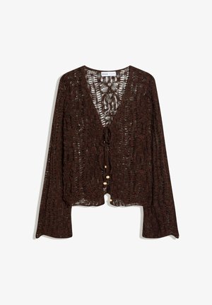 Barna, nyitott elől, hosszú ujjú kötött kardigán fa gyöngyös, megkötős záródással, laza, légies csipkemintával.