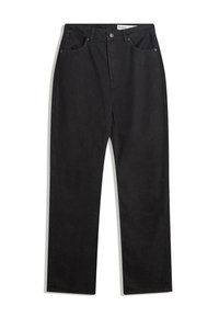 Črne raven krojene jeans hlače z gumbom in zadrgo spredaj, z vezenimi zankami za pas in petimi žepi, ležijo na belem ozadju.