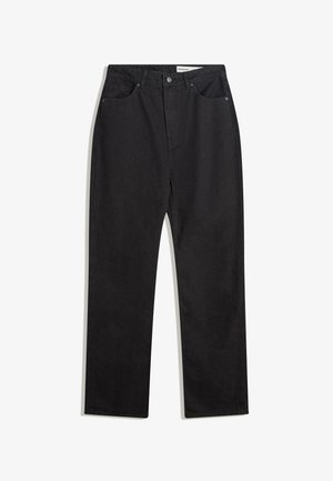 Čierne rovné džínsy so zapínaním na predný gombík a zips, pútka na opasok a dizajn s piatimi vreckami, položené na bielom pozadí.