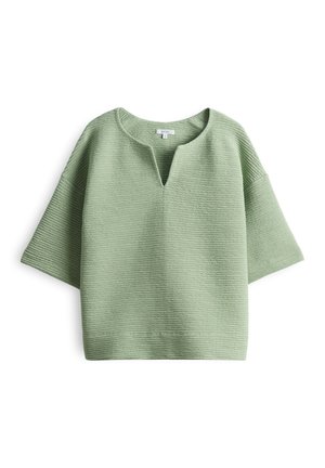 Haut vert clair texturé avec un décolleté en V et des manches courtes et larges. Fabriqué à partir d'un matériau doux avec un motif côtelé subtil.