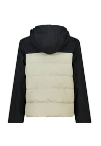 Hooded jacket with a black upper section and light beige puffy lower section. Features quilted texture, soft fabric, and streamlined design.