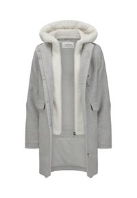 Grahamischgrauer Wollmixmantel mit weicher weißer Fleece-Fütterung, abnehmbarem Kapuze, vorderen Taschen und Reißverschluss. Verfügt über große Knöpfe an der Seite.