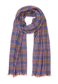 Bufanda tejida con un patrón a cuadros en marrón, azul, rosa y blanco. Textura suave con bordes con flecos. Diseño ligero.