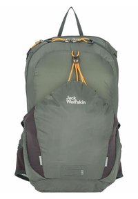 Grüner Rucksack aus strapazierfähigem Stoff, mit einem großen Hauptfach, orangefarbener Kordel sowie einer kleineren Seitentasche.