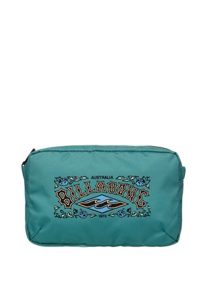 Torebka z tkaniny w kolorze morskim z zamkiem błyskawicznym, z logo "Billabong" w stylu retro i kwiatowymi akcentami, o wymiarach odpowiednich na małe przedmioty.