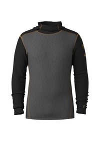 Gray long-sleeve shirt with black sleeves, high collar, and orange stitching. Features a fitted design with textured fabric.