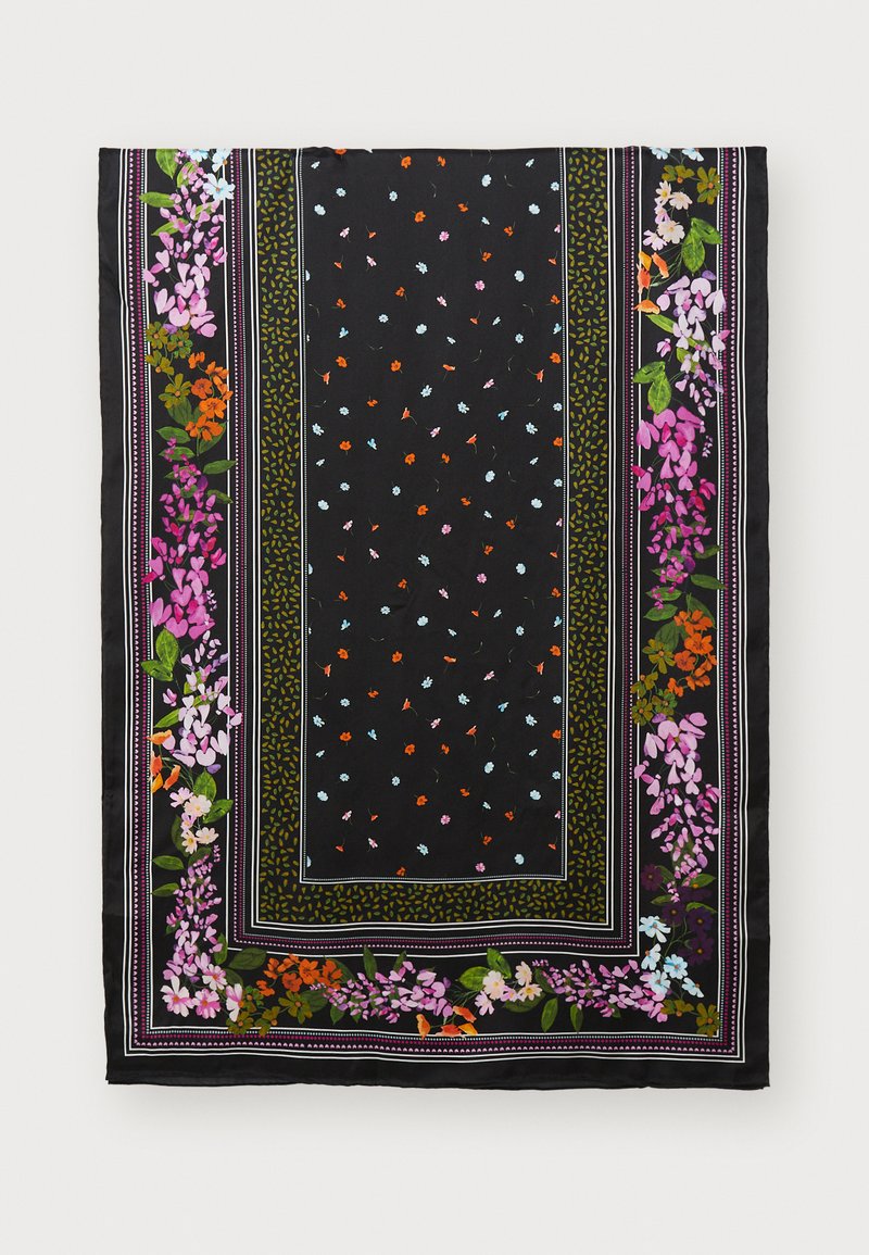 Sort silkesjakke med blomsterprint i pink, orange og blå, rammet ind af kontrasterende striber. Letvægts med en glat tekstur.