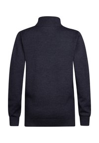 Marineblauer Strickpullover mit hohem Kragen, langen Ärmeln und gerippten Bündchen. Weiche Textur, verfügt über ein einfaches Design ohne Muster oder Akzente.