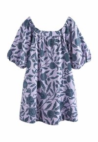 Vestido corto de lavanda con mangas abullonadas, escote cuadrado, decorado con estampados oscuros de flores y frutas.