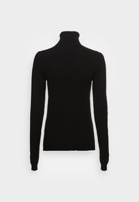 Schwarzer Rollkragenpullover, schlanker Schnitt, lange Ärmel, gerippter Kragen und Bündchen, glatte Textur, einfarbig, keine Muster oder sichtbare Beschläge.