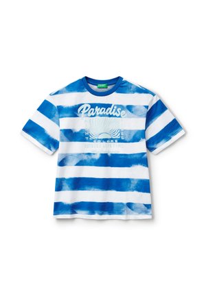 Gestreiftes T-Shirt in Blau und Weiß aus Baumwolle, mit Rundhalsausschnitt und kurzen Ärmeln. "Paradise" Grafik in Weiß auf der Vorderseite bedruckt.