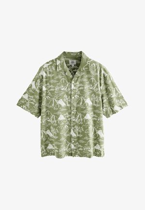 Kurzärmliges Hemd mit Knopfleiste in Hellgrün, das ein weißes Muster von Bergen und Landschaften zeigt. Hergestellt aus leichtem, strukturiertem Stoff.