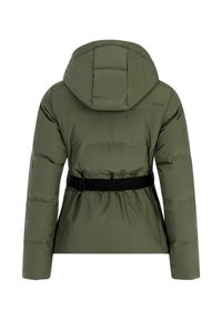 Olijfgroene pufferjack met capuchon, voorzien van een ceintuur in de taille en een geborduurde textuur, ontworpen met een elegante, gestroomlijnde vorm.