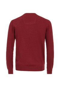 Maroon pleteno pulover s dolgimi rokavi, okroglo ovratnikom in rebrastim robom. Gladka tekstura, preprost dizajn in brez vidnih vzorcev ali opreme.