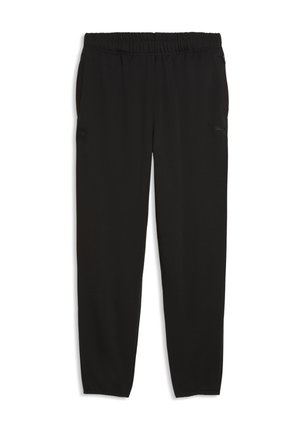 Pantaloni jogger neri con vita elastica, tasche laterali, gambe dritte e loghi Puma discreti sul davanti.