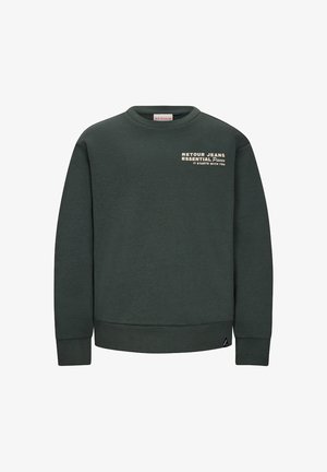 Ciemnozielona bluza z okrągłym dekoltem, z prążkowanymi mankietami i dołem, z białym napisem na przodzie. Wykonana z miękkiego, fakturowanego materiału.