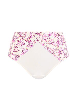 Bas de bikini taille haute avec un motif floral rose et jaune sur un fond crème, fabriqué en tissu doux et extensible.