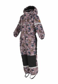 Kinder capuchon waterdichte sneeuwoverall met dieren- en bosprint, zwarte kniepatches, reflecterende strips en elastische manchetten met voetbandjes.