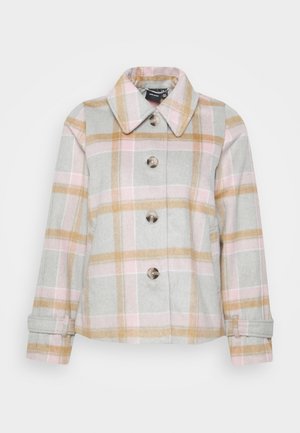 Jacke aus Wollmischung mit Knöpfen im Pastellrosa-, Beige- und Weißkaromuster, weiter Kragen, langen Ärmeln und verstellbaren Manschettenriemen.