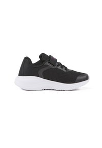 Schwarze Sportschuhe mit einem Obermaterial aus Mesh, einer gepolsterten weißen Sohle und einem Klettverschluss; mit grauen Akzenten und strukturierten Details.