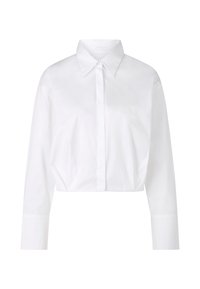 White cropped shirt made of cotton with a classic collar, long sleeves, and a straight hem. Front button closure with a smooth texture.