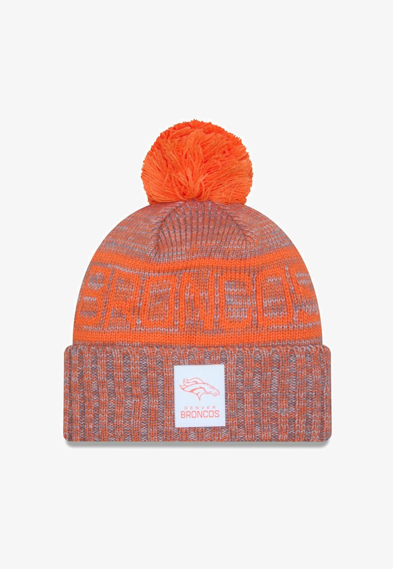 Orange knit beanie with a matching pom-pom, featuring a fold-over cuff displaying a logo patch that reads "DENVER BRONCOS."