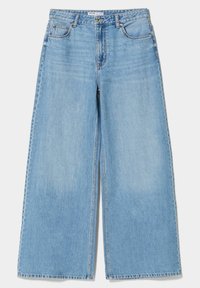 Ljust blå vida jeans i denim, med hög midja, bältesloopar och femficksdesign samt subtil blekning på tyget.
