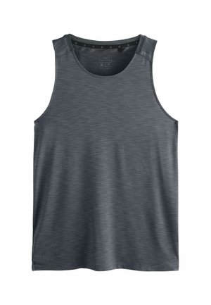 Mænds tanktop i mørkegrå, lavet af glat, letvægtsstof med en meleret tekstur. Har en rund halsudskæring og brede ærmel huller.