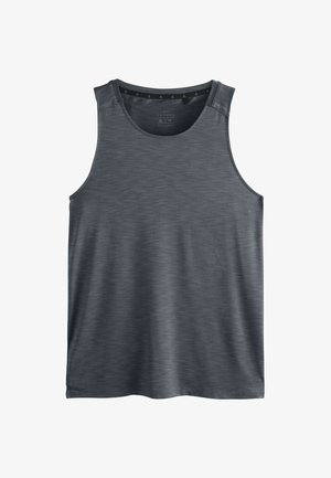 Miestenský tielko v tmavo šedej farbe, vyrobené z hladkej, ľahkej tkaniny s melírovanou textúrou. Má okrúhly výstrih a široké ramená.