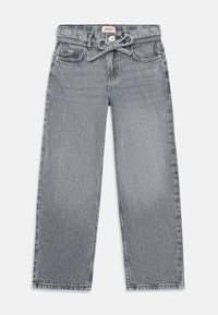 Grå denimbukser med vid benform, som har et knyttet liv, frontlommer og subtile teksturdetaljer.