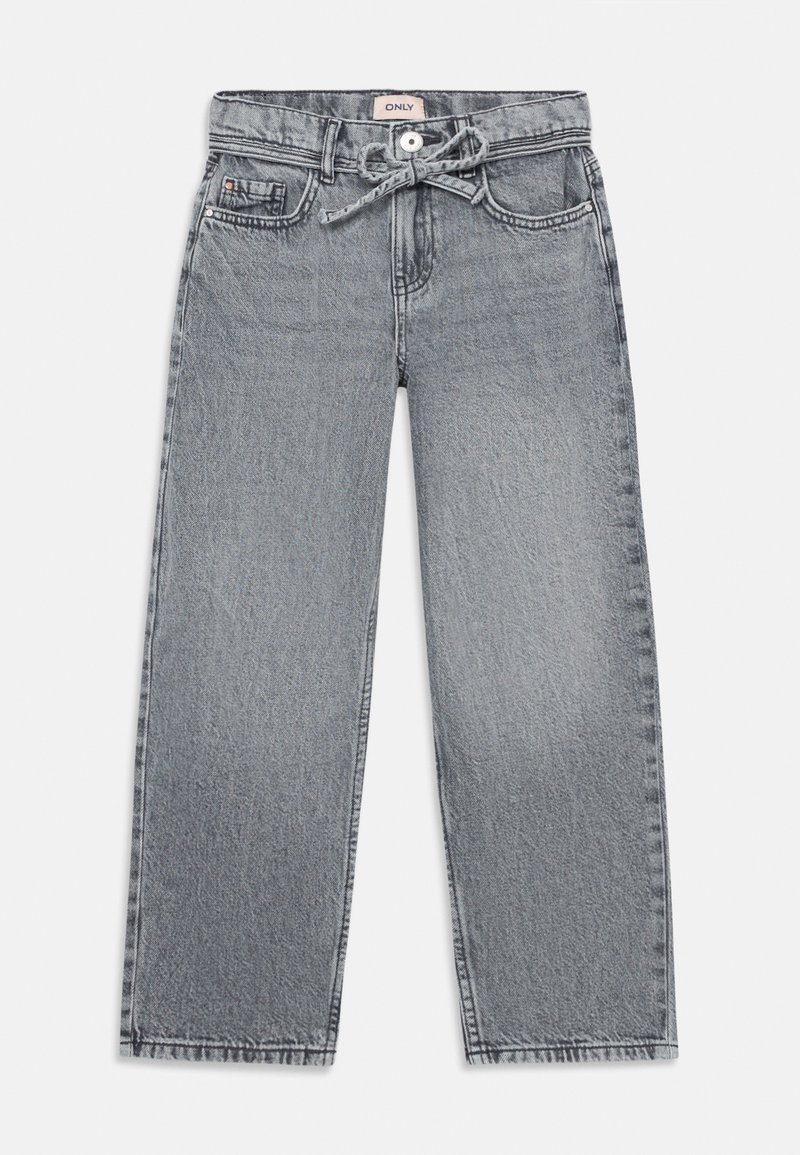 Calças de ganga cinzas com um design de perna larga, apresentando uma cintura com laço, bolsos frontais e um detalhe de textura subtil.