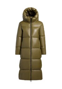 Olijfgroene pufferjas met een hoge kraag, lange mouwen, ritssluiting aan de voorkant en gestikte design. Gladde, glanzende afwerking met een ontspannen silhouet.