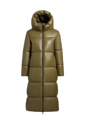 Cappotto imbottito verde oliva con collo alto, maniche lunghe, chiusura con zip e design trapuntato. Finitura liscia e lucida con una silhouette rilassata.