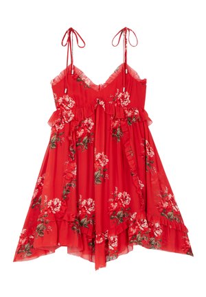 Rotes ärmelloses Kleid mit Blumenmuster, Rüschensaum und verstellbaren Trägern zum Binden, mit geschichtetem Stoff und fließender Silhouette.