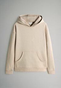 Beige Kapuzenpullover mit Fronttasche, Kordelzugkapuze, langen Ärmeln und gerippten Bündchen. Glatter Stoff mit lockerer Passform und minimalistischem Design.