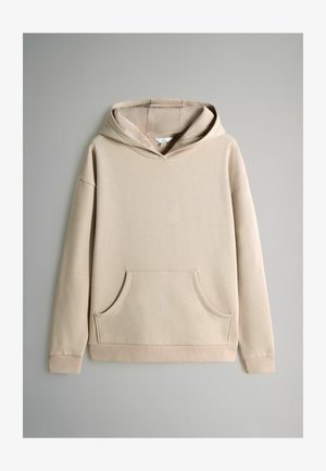 Felpa beige con tasca frontale, cappuccio con cordoncino, maniche lunghe e polsini a coste. Tessuto liscio con vestibilità comoda e design minimale.