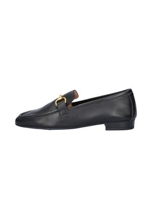 Black leather loafer with low heel and gold metal horsebit detail on the upper, viewed from the outer side.