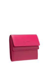 Portafoglio in pelle rosa con una texture liscia, forma rettangolare, pattina pieghevole e un sottile dettaglio di branding sul fronte.