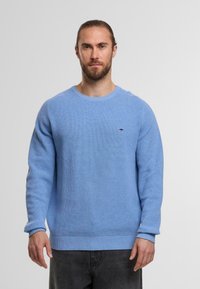 Mann mit Bart und zurückgebundenem Haar, der einen hellblauen gestrickten Pullover und dunkle Jeans trägt, vor einem schlichten weißen Hintergrund steht.