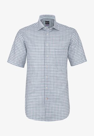 Kurzärmeliges Hemd mit Knopfleiste, weißem, grauem und blauem karierter Muster und Kragen.