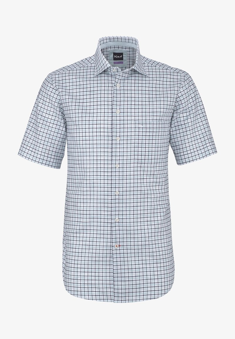 Chemise à manches courtes à boutons avec un motif à carreaux blanc, gris et bleu et un col.