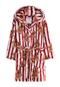 Accappatoio in pile a righe rosse e bianche con stampe di omini di pan di zenzero, dotato di cappuccio, cintura annodata e due tasche frontali. Tessuto morbido.