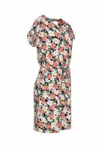 Knee-length mekko, jossa on pinkkejä, valkoisia ja purppuran kukkia, lyhyet hihat, vyötärö kiedottuna solmimalla ja avainreikä takaisin.