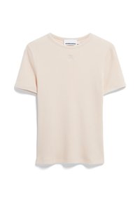 Lichtbeige T-shirt met korte mouwen, gemaakt van een gestructureerde stof met een ribbelpatroon; heeft een klein geborduurd logo op de borst.