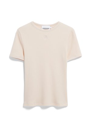 Lichtbeige kortemouwenshirt van een gestructureerde, geribbelde stof. Kenmerkt zich door een ronde halslijn en een discreet logo geborduurd op de borst.