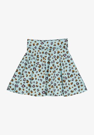 Hellblauer Rock mit ausgestelltem Design, der mit einem Leopardenmuster in Orange, Schwarz und Lila versehen ist. Breiter elastischer Bund für eine gute Passform.