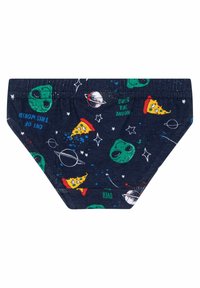 Tengerészeti alsónemű zöld űrlényekkel, pizza szeletekkel és bolygómotívumokkal. Puha anyag, színes mintákkal és rugalmas derékpánttal.